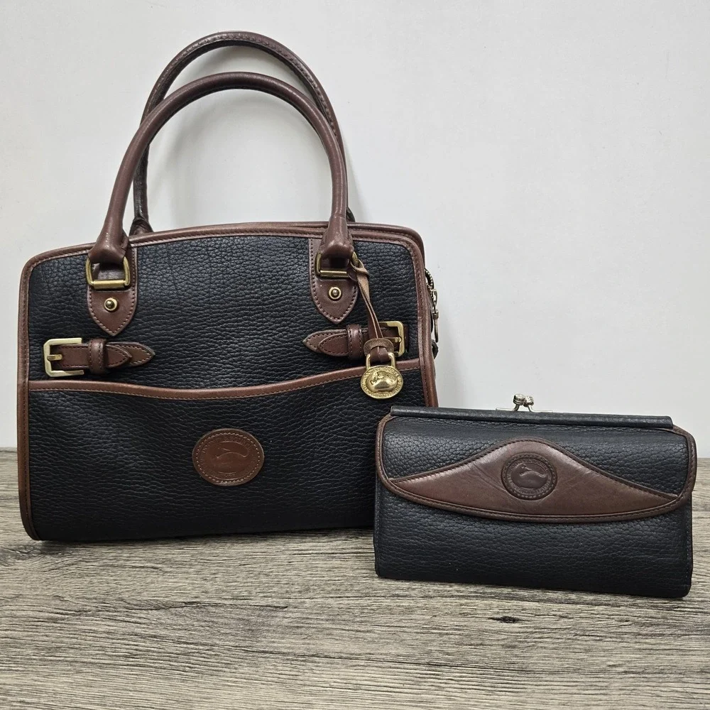 VTG Dooney & Bourke 'All Weather' Black Tan Zip-top Satchel‎ Handbag & Wallet